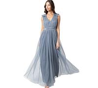 Maya Deluxe Womens Ladies Maxi Dress with Ruffle V Neck Sleeveless High Empire Waist Long for Prom Guest Wedding Bridesmaid Vestito per Damigella d’Onore, Blu Polvere, 36 EU Donna