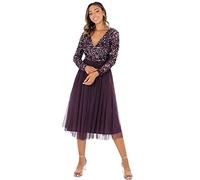 Maya Deluxe Womens Ladies Wedding Guest Midi Dress Long Sleeve Plunging Neckline V Neck Sequin Embellished Graduation Vestito per Damigella d’Onore, Bacca, 54 Donna