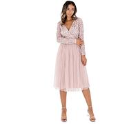 Maya Deluxe Womens Ladies Wedding Guest Midi Dress Long Sleeve Plunging Neckline V Neck Sequin Embellished Graduation Vestito per Damigella d’Onore, Rosa Satinato, 38 Donna