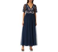 Maya Deluxe Womens Maxi Ladies Embellished Spot Mesh A-Line V-Neck Dress for Wedding Guest Bridesmaid Prom Ball Occasion Vestito, Navy, 46 Donna