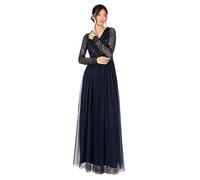 Maya Deluxe Women's Maxi Dress Ladies Embellished Wrap Tulle Frilly V-Neck Long Sleeve for Wedding Guest Bridesmaid Prom Ball Gown Vestiti, Navy, 46 da Donna