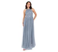 Maya Deluxe Women's Maxi Dress Ladies Halterneck Sleeveless Floral Sequin Embellished Tulle A-Line Bridesmaid Prom Ball Gown, Blu Polvere 48