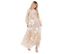 Maya Deluxe Women's Maxi Dress Ladies Long Sleeve Boat Neck Sheer Tulle Floral Sequin Embellished Trapeze Evening Prom Ball Gown, Champagne, 44