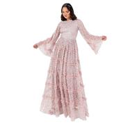Maya Deluxe Women's Maxi Dress Ladies Modest Round Neck Long Bell Sleeve Sequin Embellished Tiered Ruffle A-Line Bridesmaid Prom, Frosted Pink, 50