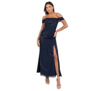 Maya Deluxe Women's Maxi Dress Ladies off Shoulder Bardot Sleeveless A-Line Split Slit Embroidered Bead Embellished Evening Prom, Navy Blue, 48