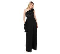 Maya Deluxe Women's Maxi Dress Ladies One Shoulder Necklline Sleeveless Sequin Embellished Rosette A-Line Evening Prom Ball Gown, Black, 42