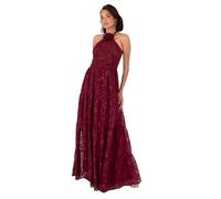 Maya Deluxe Women's Maxi Dress Ladies Sleeveless Halterneck Floral Corsage Chiffon Jacquard A-Line Tiered Evening Occasion Prom, Rosso Scuro 36