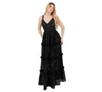 Maya Deluxe Women's Maxi Dress Ladies Sleeveless V-Neck Sequin Embellished Floral Ruffle Chiffon A-Line Open Back Tie Prom Ball Gown, Black, 44