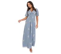 Maya Deluxe Women's Maxi Dress Ladies V-Neck Angel Sleeve Floral Bead Embellished Knot Front A-Line Bridesmaid Wedding Guest Prom, Blu Polvere 42