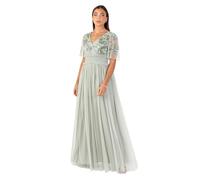 Maya Deluxe Women's Maxi Dress Ladies V-Neck Angel Sleeve Floral Embellished Tulle Shirred Waistline A-Line Wedding Guest Bridesmaid, Verde Salvia 50