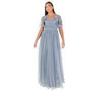 Maya Deluxe Women's Maxi Dress Ladies V-Neck Angel Sleeve Floral Embellished Tulle Shirred Waistline A-Line Wedding Guest Bridesmaid, Blu Polvere 50