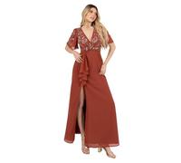 Maya Deluxe Women's Maxi Dress Ladies V-Neck Short Angel Sleeve Sequin Embellished Ruffles Side Split A-Line Evening Ball Gown, Rust, 42