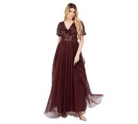 Maya Deluxe Women's Maxi Dress Ladies V-Neck Short Puff Sleeve Sequin Embellished Twist Front Tulle A-Line Bridesmaid Prom Ball Gown, Cranberry, 38