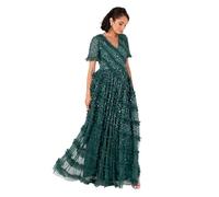 Maya Deluxe Women's Maxi Dress Ladies V-Neck Short Sleeve Sequin Embellished Ruffle Tulle A-Line Bridesmaid Evening Prom Ball Gown, Verde Smeraldo 40