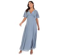 Maya Deluxe Women's Maxi Dress Ladies V-Neck Wide Sleeve Floral Embroidered Wrap Bodice Tie Belt Split Wedding Guest Prom Ball Gown, Dusty Blue, 42