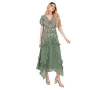 Maya Deluxe Women's Midaxi Dress Ladies Short Puff Sleeve V-Neck Sequin Embellished Ruffle Chiffon Handkerchief A-Line Wedding Guest, Menta Scuro 46