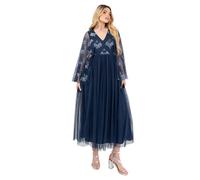 Maya Deluxe Women's Midaxi Dress Ladies V-Neck Long Wide Angel Sleeves Sequin Embellished Empire A-Line Tulle Evening Prom Ball Gown, French Navy, 50