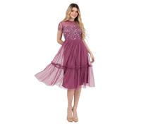 Maya Deluxe Women's Midi Dress Ladies Round Neck Sheer Short Sleeves Sequin Embellished Tulle Ruffle A-Line Wedding Guest Occasion, Rose, 60