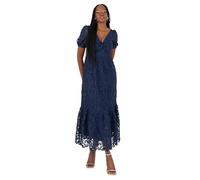 Maya Deluxe Women's Midi Dress Ladies V-Neck Short Puff Sleeves Twist Front Lace Tiered Bottom Hemline A-Line Wedding Guest Occasion Vestito, Blu Navy, 38 Donna
