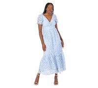 Maya Deluxe Women's Midi Dress Ladies V-Neck Short Puff Sleeves Twist Front Lace Tiered Bottom Hemline A-Line Wedding Guest Occasion Vestito, Fiordaliso Blu, 42 Donna