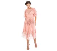 Maya Deluxe Womens Midi Ladies Sequin Embellished Short Sleeve Dress for Wedding Guest Bridesmaid Prom Ball Evening Occasion Vestito, Apricot Blush, 42 Donna