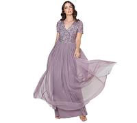 Maya Deluxe Women's V Neckline Embellished V Neck Maxi Dress Short Sleeve Empire Waist Prom Graduation Bridesmaid Wedding Guest Vestito per Damigella d’Onore, Moody Lilac, 12 Donna