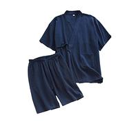 Maya Star Kimono Estivo Sottile in Stile Giapponese Pigiama Confortevole Traspirante Garza di Cotone Camicia da Notte Vestito fumante Accogliente casa Indossare XL Taglia per Uomo (Blu Marino)