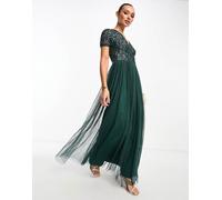 Maya - Vestito lungo da damigella in tulle a maniche corte con delicate paillettes tono su tono verde smeraldo 38