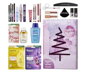 Maybelline New York, calendario dell'Avvento, con 24 emozionanti porte per amanti della bellezza, 21 prodotti originali e 3 goodies, incluso Sky High Mascara & 4 Garnier Skincare Highlights