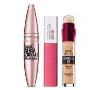 Maybelline New York Kit MakeUp Mascara Volumizzante Allungante Ciglia Sensazionali + Correttore Multi-Uso il Cancella Età 02 Nude + Tinta Labbra a Lunga Durata, Matte Ink 15 Lover