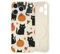 MAYCARI Custodia magnetica per iPhone 17 Pro Max Fall Black Cat Pumpkin | Compatibile con Magsafe | Simpatico gattino autunno agrifoglio design bianco silicone liquido morbido slim fit antiurto