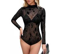 MAYFASEY Body da donna sexy a maniche lunghe in tessuto mesh, jumpsuit trasparente, top in jersey, 27-nero, M