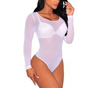 MAYFASEY Body da donna sexy a maniche lunghe in tessuto mesh, jumpsuit trasparente, top in tessuto a rete, 1 bianco., L