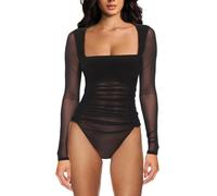 MAYFASEY Body sexy da donna, a maniche lunghe, in rete trasparente, Nero , M