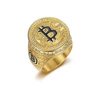 MayiaHey Anello con simbolo Bitcoin, anello con segno di denaro Bling per uomo, anello con simbolo della moneta in oro ghiacciato fuori gioielli Bitcoin, anello con simbolo di fortuna in oro anello