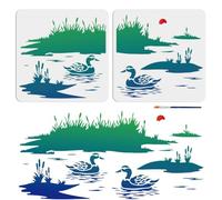 Mayjoy - Set di 2 stencil con anatra e canne, motivo tramonto e paesaggio con fiume, per fai da te, decorazione su tela, mobili, design giuntabile