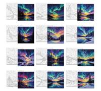 MAYJOYDIY 12 tele predisegnate Aurora View da dipingere | 20 x 20 cm, tela stampata allungata con cielo stellato, bordo da dipingere per lago della foresta, per principianti