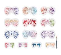MAYJOYDIY 13 stencil riutilizzabili per pittura del viso, stencil per tatuaggi facciali, 12 x 20 cm, con pennello, modelli di pittura per trucco del corpo, per carnevale, vacanze, feste di compleanno