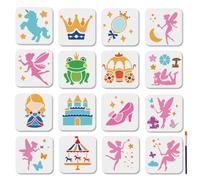MAYJOYDIY 16 Pz Stencil per Fate Magiche Stencil per Pittura di Unicorno e Principessa 15×15cm Riutilizzabili Modello di Disegno per Castello Da Favola con Pennello su Finestre Pareti In Legno