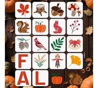 MAYJOYDIY 18 pz. Stencil Autunnale Riutilizzabile, Stencil A Forma di Fungo e Foglie D'Acero, 15x15cm, Modelli di Frutta e Animale Autunnale con Pennello per Album, Legno, Pareti Decorazioni