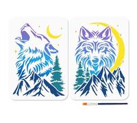 MAYJOYDIY 2 pz Stencil Paesaggio Lupo et Albero Luna Lupo 29.7x21cm Modello Lupo Ululante Stencil Animali Riutilizzabili con Pennello per Pareti In Legno Finestre Decorazioni per La Casa