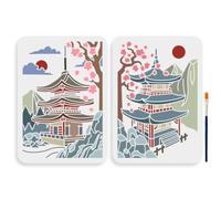 MAYJOYDIY 2 stencil a tempio zen giapponese, 29,7 x 21 cm, grandi templi in stile giapponese, con pennello, pagoda sacra, modello da disegno per pareti in legno, tela, mobili artigianali