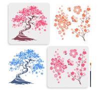MAYJOYDIY 2 stencil con fiori di ciliegio, 30 x 30 cm, grandi stencil con pennello per vernice, quadrato, stile giapponese, modello da disegno per pareti in legno, tela, mobili, progetti artistici