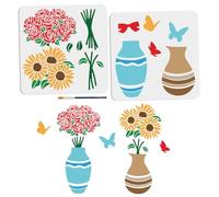 MAYJOYDIY 2 stencil per vaso, rosa, girasole, 17,7 x 37,7 cm, stencil per giunzione di vasi di fiori, con pennello, farfalla, rosa, fiori, vite, 30 x 30 cm, stencil da disegno per tela, decorazione da