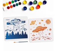 MAYJOYDIY 2 stencil UFO Planet Space 20 x 29 cm grandi astronavi modello con pennello stencil quadrato a tema spaziale su tela di legno tessuto parete mobili decorazione della stanza