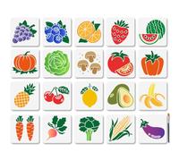 MAYJOYDIY 20 stencil riutilizzabili con frutta e verdura, 15 x 15 cm, pomodori, uva, fragola, zucca, cavolo, stencil con pennello, per mobili in legno e pareti