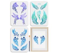 MAYJOYDIY 3 stencil con ali d'angelo, 29,7 x 21 cm, stencil per pittura con piume, con pennello, riutilizzabili, stencil su tela e tessuto roccioso