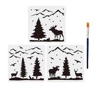MAYJOYDIY 3 stencil per cervi con foresta, albero di montagna, cervo, 30 × 30 cm, flessibili, modelli animali della foresta con pennello per dipingere su legno, artigianato e decorazioni per la casa