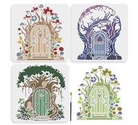 MAYJOYDIY 3 stencil per porta ad albero, 30 x 30 cm, stencil grande con pennello per pittura, riutilizzabile, con ramo di fungo, albero della vita, stencil per legno, tela, tessuto, decorazione per