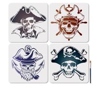MAYJOYDIY 4 pz. Stencil Teschio Capitano Riutilizzabile Stencil Avventura Nautica per Pittura 30x30cm Oceano Nave Pirata Modelli di Disegno con Pennello per Parete Pavimento Legno Carta Decorazione